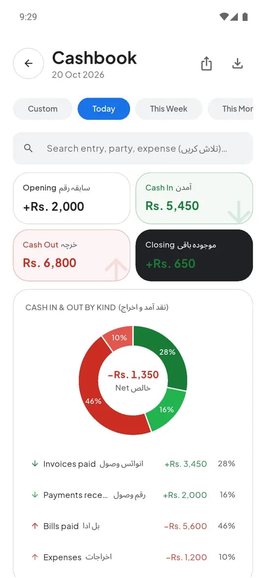 The Cashbook screen in the Khata.pk app